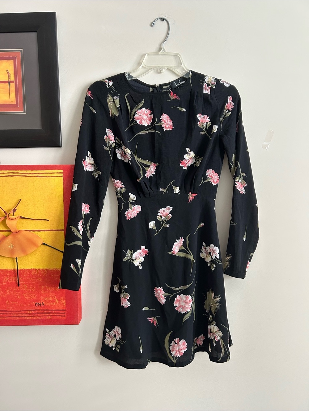 Lulu's Black Long-Sleeve Floral Mini Dress - Pink & Green Print